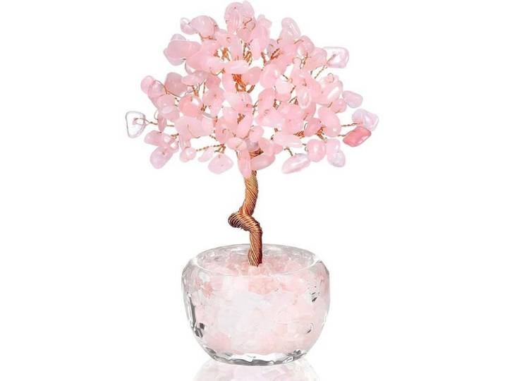 Arbre de Vie en Cristal de Quartz Rose - Arbre à Argent en Pierres Précieuses Roses Fait Main pour Décoration de Bureau et Maison