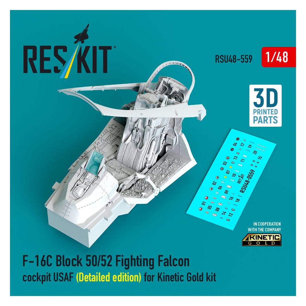 ResKit F-16C Block 50/52 Fighting Falcon cockpit USAF (Detailed edition) (3D Printed) for Kinetic (RSU48-0559)