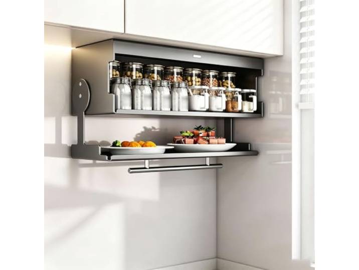 WNGJZZYC 2-Stufiger Ausziehschrank-Organizer, 90° Herabklappbares Regal Wandmontierter Gewürzregal-Organizer, Gewürzgläser, Multifunktionaler Hängespeicher Für Vorratskammer(Silver,H26cm/10in)