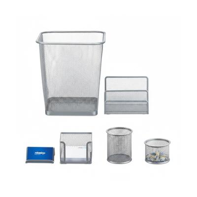 Relaxdays Schreibtisch Organizer 6er Set, Ablage Visitenkarten, Zettelbox, Briefablage, Stifteköcher, Mülleimer, silber