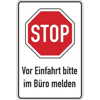 Parkplatzschild, STOP - Vor Einfahrt bitte im Büro melden, 900x600mm, Alu glatt - 600x900x2 mm Aluminium 2 mm