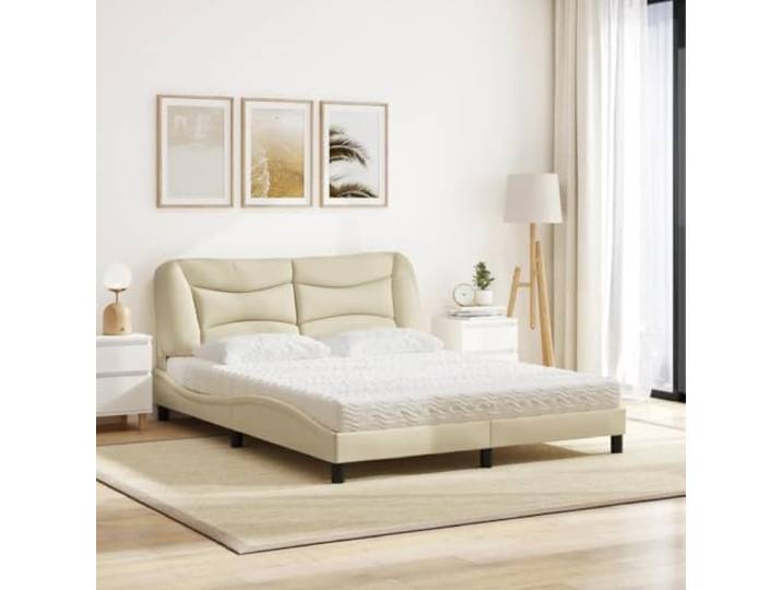 KTHLBRH Bett mit Matratze Hvar Creme 160 x 200 cm aus Stoff Lattenrost inklusive, PU-Schaum 22D, Härte H2 und H3, Kopfteil gepolstert