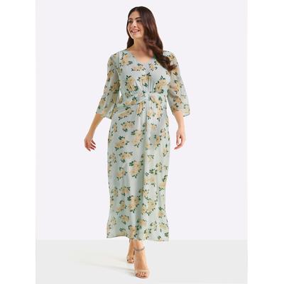 Abendkleid SHEEGO "Abendkleid", Damen, Gr. 48, grün (zartmint, apricot, gemustert), 100% Polyester, geblümt, gemustert, lang, V-Ausschnitt, Kleider Abendkleid