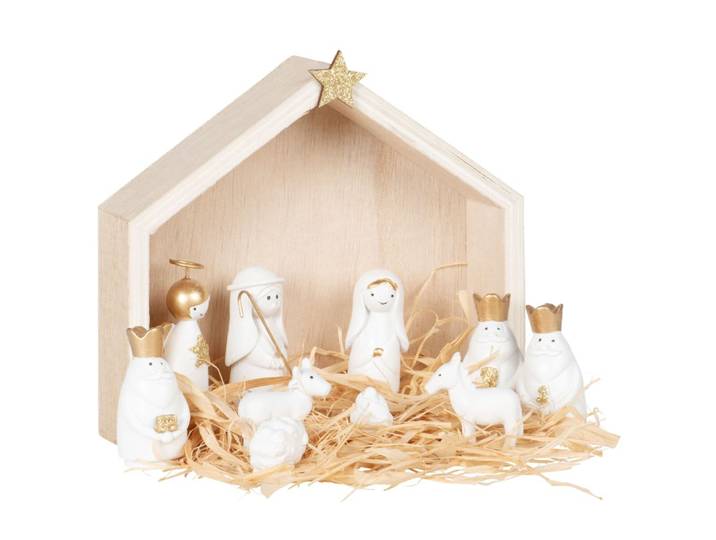 Weihnachtliche Krippe in weiß und gold