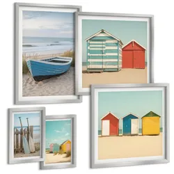 BILDER SET 5er Set - 50x50 cm & 20x30 cm & 40x60 cm Silberner Rahmen - Farbenfrohe Berge und Küstenstädte
