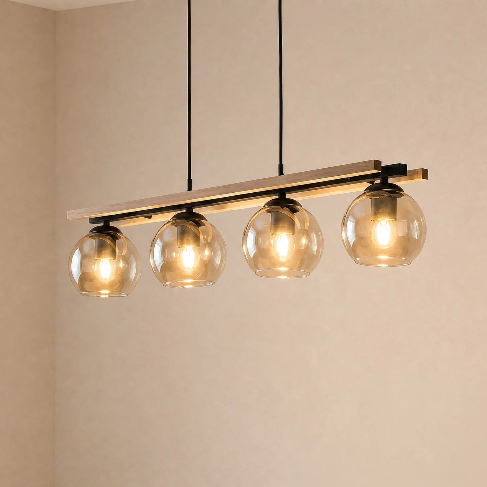 Lindby Enrique Hanglamp - Modern - Amber Glas en Hout - Dimbaar