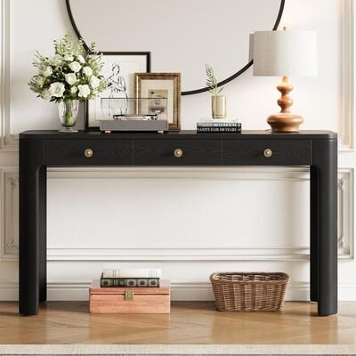Ostweer Country-Style Console Table, Curved Corner Table with 3 Hidden Drawers and Thick Legs, for Entryway, Hallway, Black