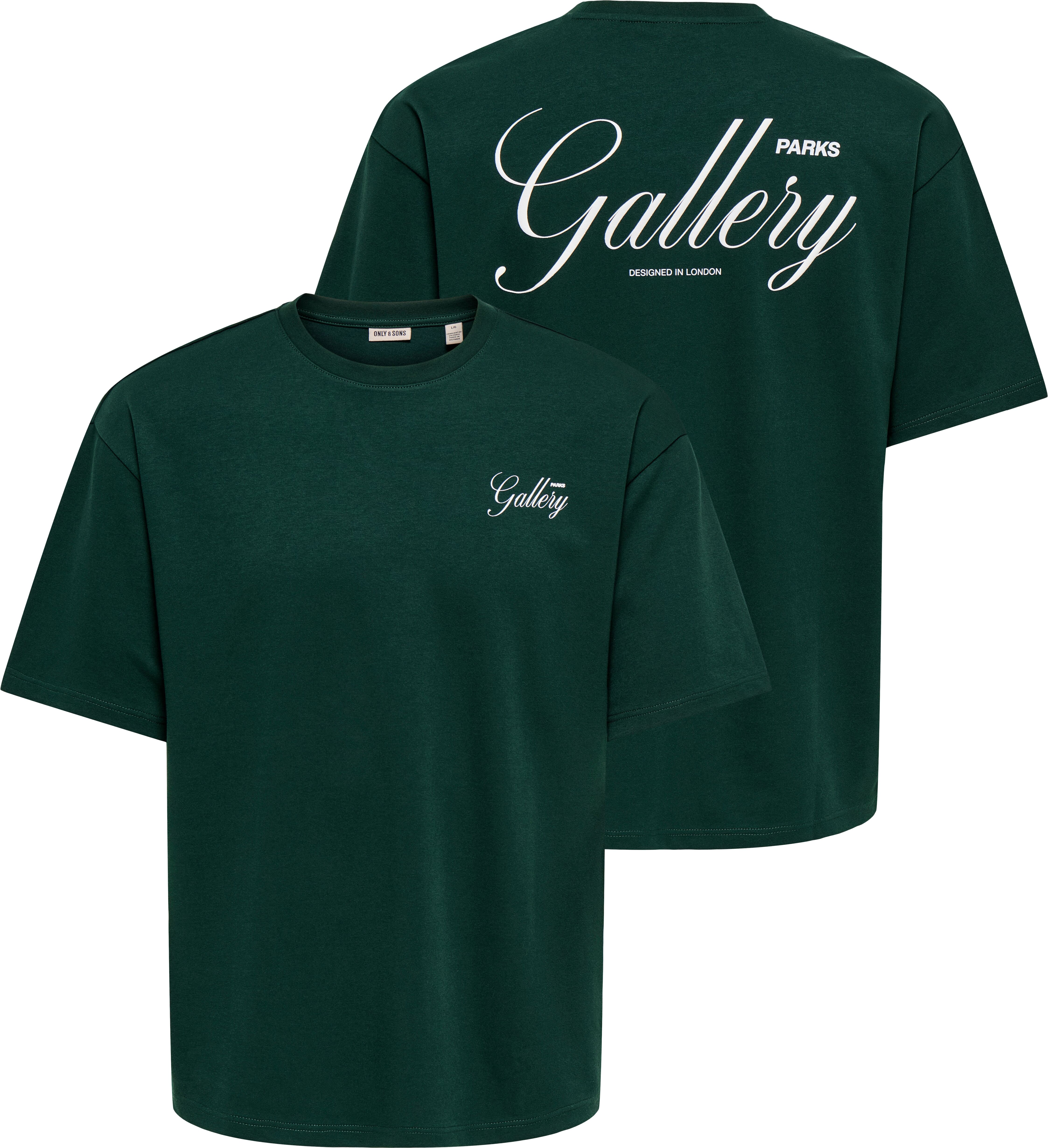 T-Shirt ONLY & SONS "ONSPARKS GALLERY AIR BOXY SS TEE NOOS", Herren, Gr. XXL, pine grove print:gallery, Jersey, Obermaterial: 50% Baumwolle, 27% Polyester, 23% Elastomultiester, bedruckt, regular fit normal, Rundhals, Shirts T-Shirt, Baumwollmischung, reg