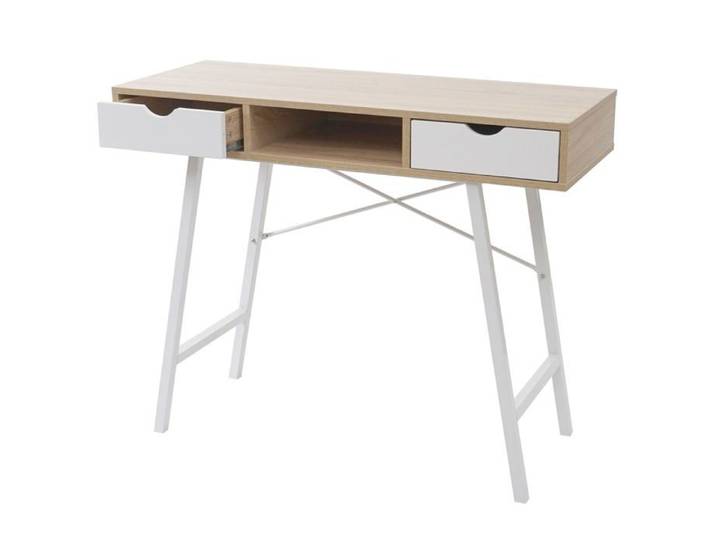 Table d appoint bureau console avec tiroirs 100x40 cm blanc brun naturel design scandinave 04_0005053