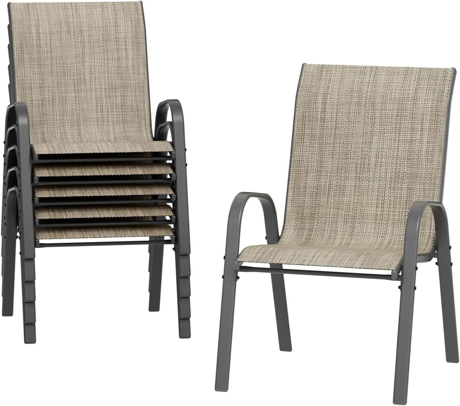 6er-Set Gartenstühle - Outdoor-Stühle - Hohe Rückenlehne - Teslin-Gewebe - Metallrahmen - Armlehnen - Ohne Polsterung - Kaffeebraun