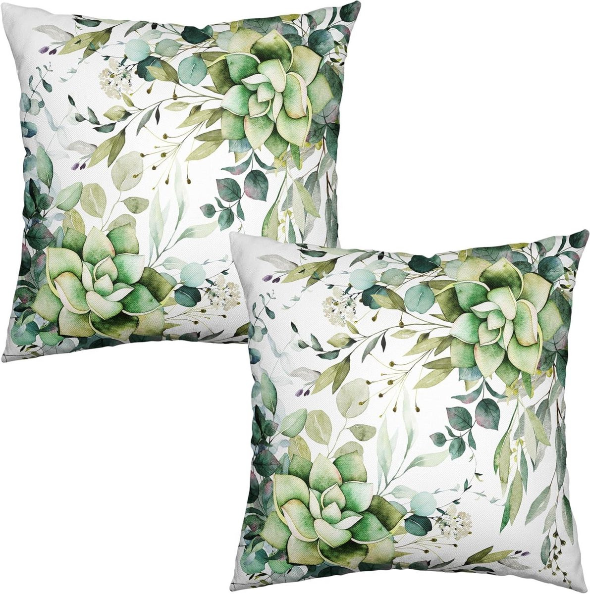 Set van 2 decoratieve kussenhoezen met eucalyptus print in saliegroen
