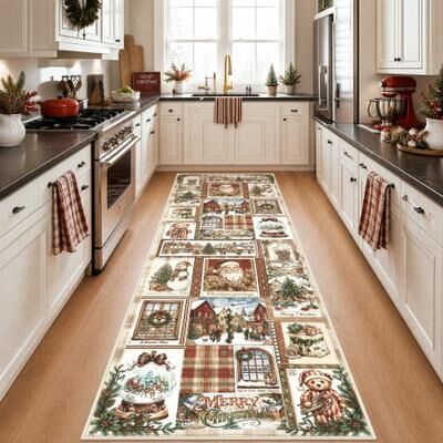 BLUEBELL Washable Christmas Runner & Area Rug, Vintage Postal‑Stamp Xmas Design