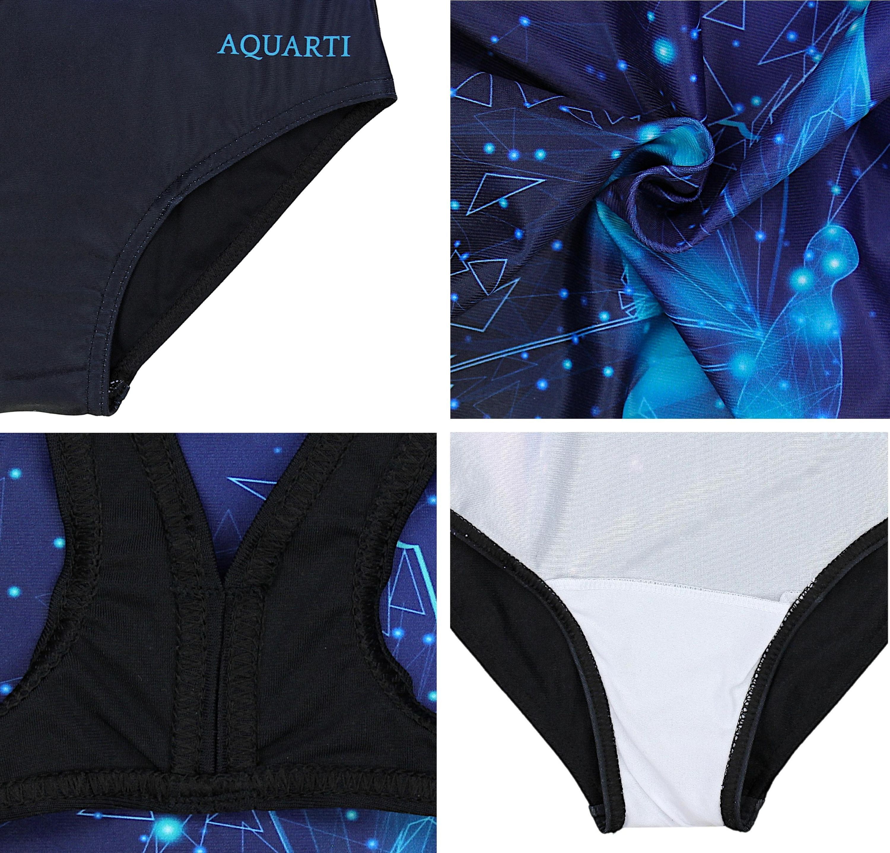 Badeanzug AQUARTI "Badeanzug Mädchen Badeanzug Chlorresistent Muscleback Wassersport", Kinder, Gr. 146, N-Gr, schwarz (ep1281 schmetterling blau, schwarz), Obermaterial: 100% Polyester PES., Badeanzüge Badeanzug