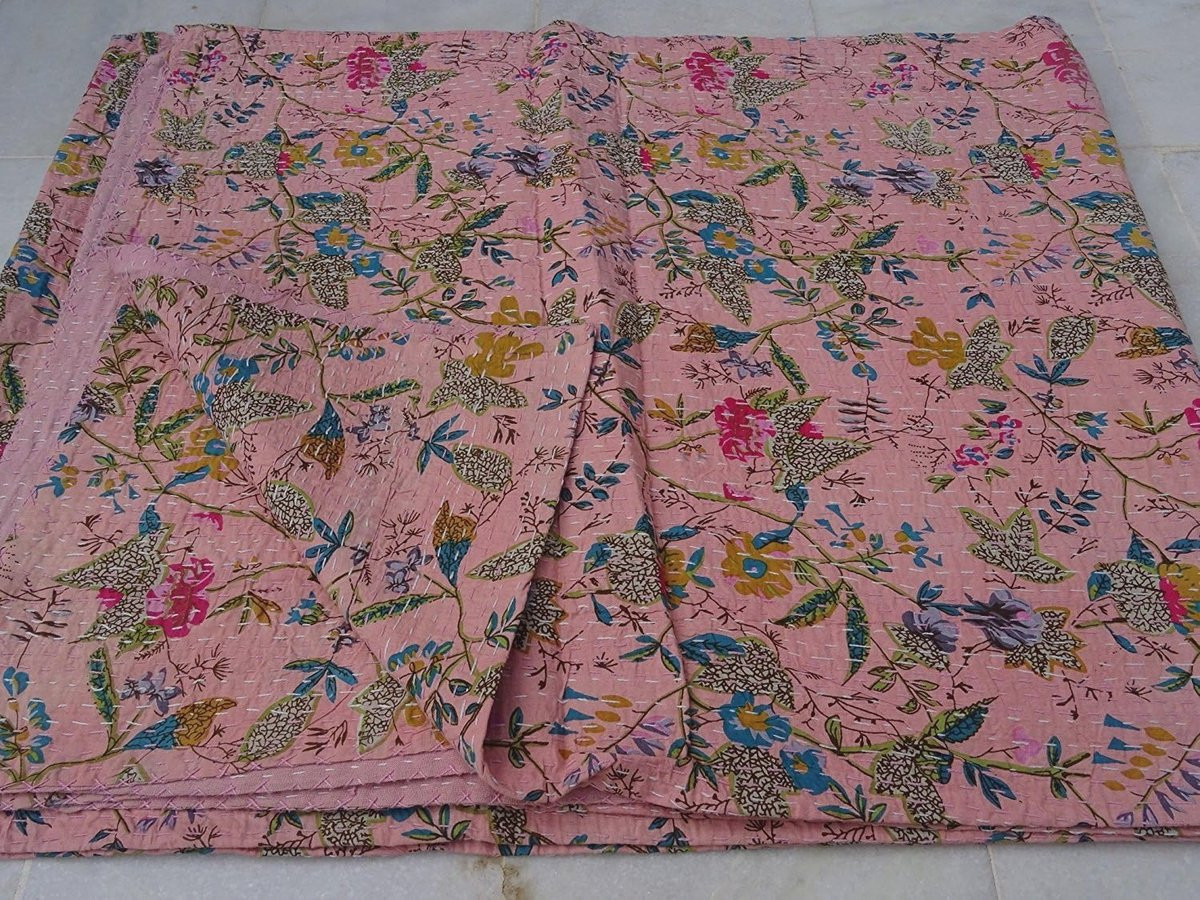 Handgemaakte Indiase Kantha Quilt Deken - Veelkleurige Boheemse en Mediterraanse Bedsprei - Twin 152 x 229 cm