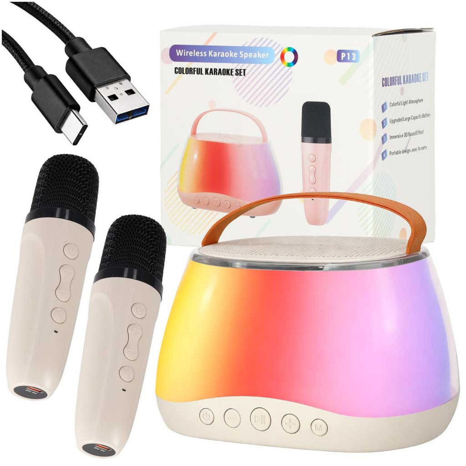 Kik Karaoke Bluetooth-luidspreker met LED RGB-verlichting en 2 microfoons en USB-aansluiting