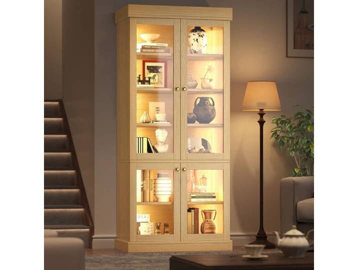 Vitrine en Verre avec éclairage LED Meuble Haut Moderne avec 4 Portes Vitrées Bibliothèque Armoire Multifonction Brun Naturel