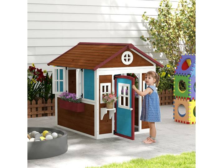 Outsunny Cabane Enfant Extérieur avec Fenêtres et Jardinières Marron