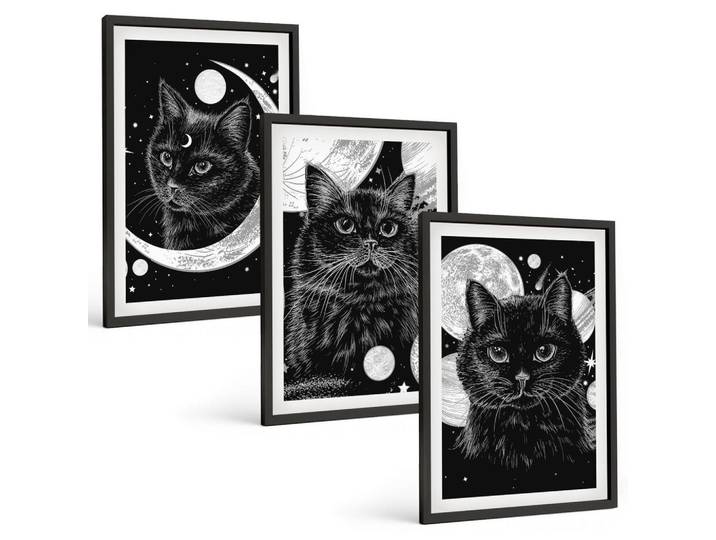 Tulup Bilder SET 3er Set - 40x60 cm Schwarzer Rahmen - Schwarze Katzen, Mond, Weltraum, Kunststoff, Rechteckig, 40x60 cm, Fotografie, Bilder & Rahmen, Bilder