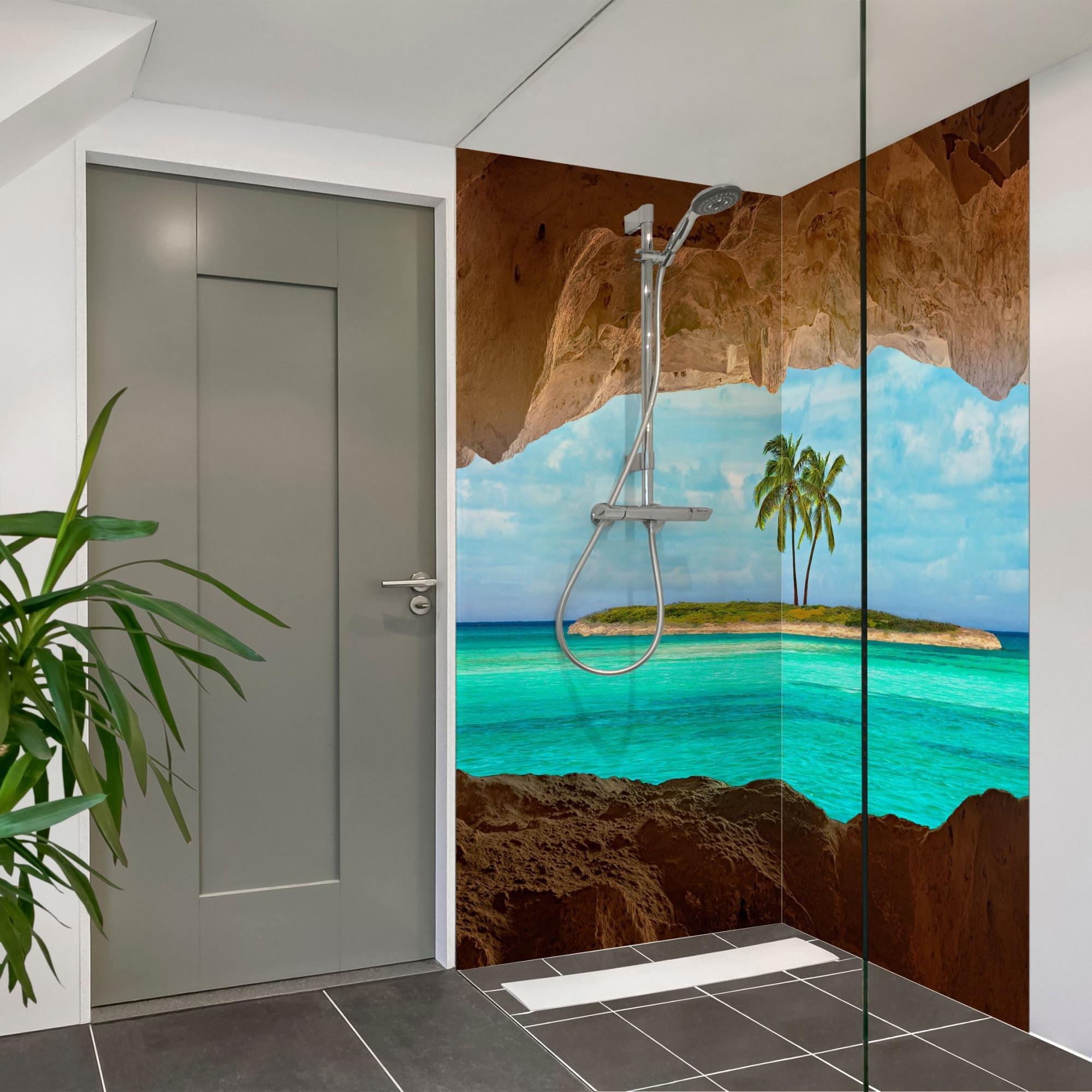 Duschrückwand Strand selbstklebend - 0.35 mm Wandpaneel wasserfest Palme beige Tropisch Badrückwand fugenlos Smart matt 110x210 cm