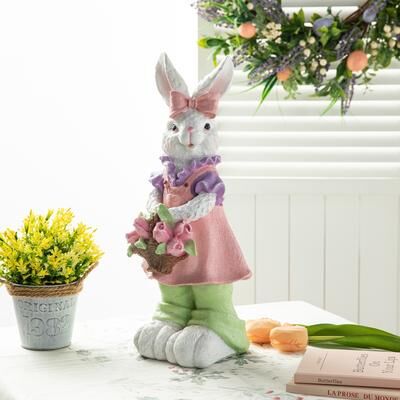 Glitzhome Easter Resin Bunny Boy Girl Table Statue Decoration Rabbit Figurine with Flower Party Ornaments