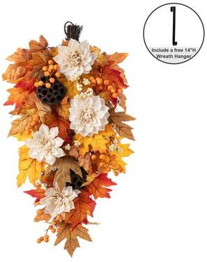 Glitzhome Fall Sunflower Pumpkin Lotus Leaf Teardrop Swag Wreath Thanksgiving Decoration
