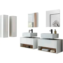 BADMÖBEL-SET 6-teilig weiß Hochglanz, Eiche, Badezimmer Komplettset mit LED Beleuchtung 250 cm