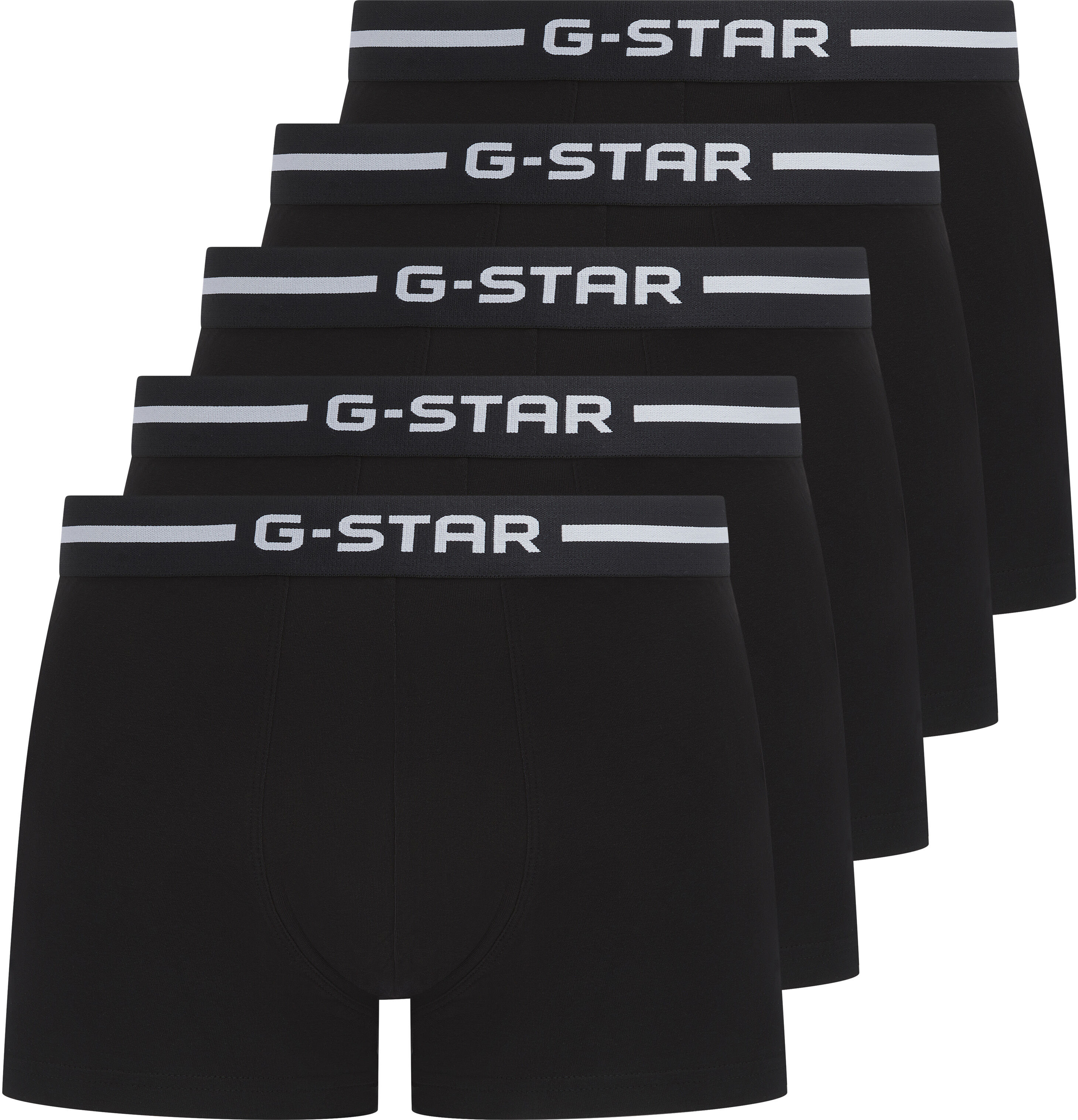 Boxershorts G-STAR "HEMLOCK, 5 PACK TRUNKS", Herren, Gr. XL, 5 Stk., Jersey, schwarz, Jersey, Obermaterial: 95% Baumwolle, 5% Elasthan, unifarben, eng, Unterhosen Boxershorts, Bund mit Logoschriftzug schwarz XL, 5 Stk., Jersey