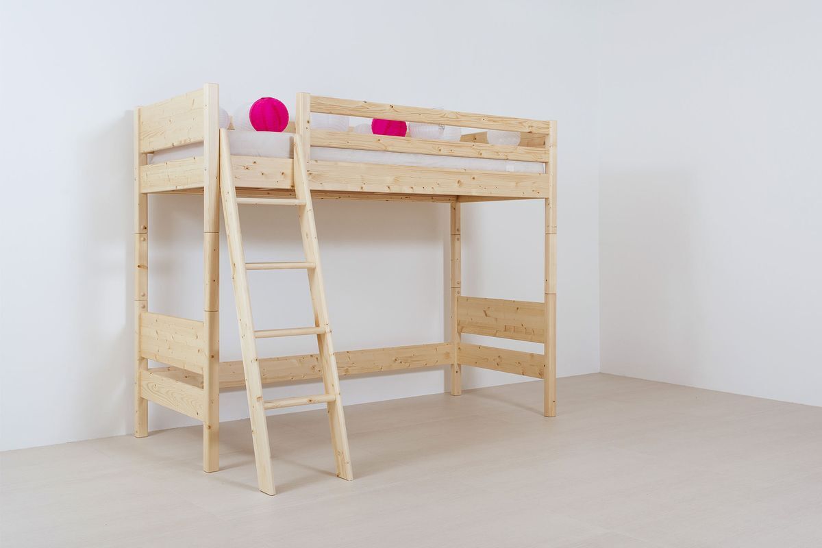 Kinder-Hochbett Castello 140 x 200 cm Fichte Weiß lackiert mit Leiter