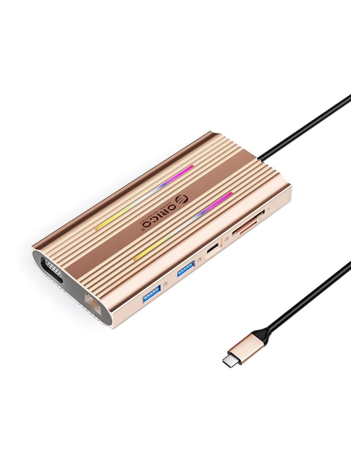 ORICO XDR 12in1 RGB USB-C Docking Station 3x USB-A USB-C PD 100W HDMI 4K VGA RJ45 Gigabit SD and microSD Card Reader - Rose Gold USB-Hubs - USB 3.1 - 12