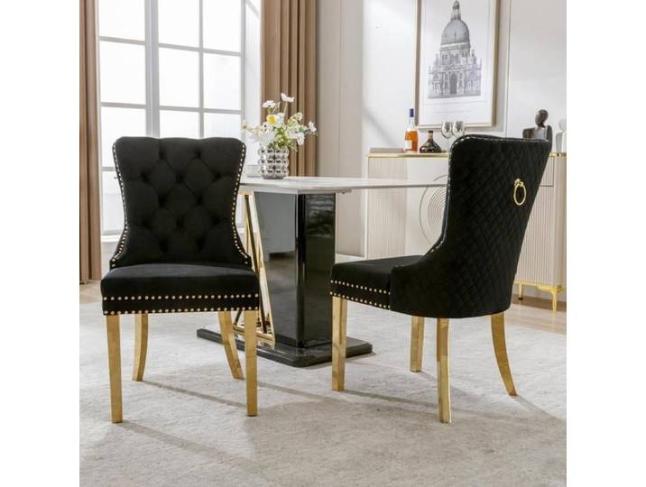Lot de 2 chaises - KOMHTOM - KOMHTOM - Velours noir - Anneau rond - Pieds inox doré