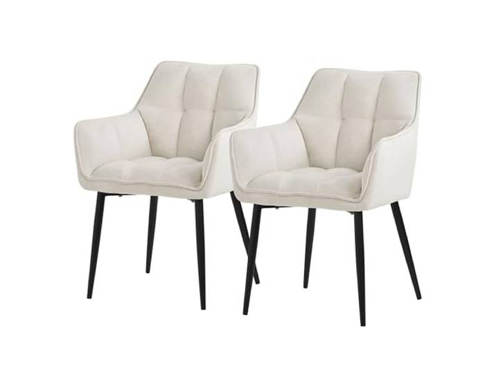 ML-Design Esszimmerstühle 2er Set aus Frotteestoff, Creme, Küchenstuhl mit dickem gepolsterter Sitz & Metallbeinen, Wohnzimmerstuhl mit Rücken- und Armlehnen, Polsterstuhl, Ergonomischer Loungesessel