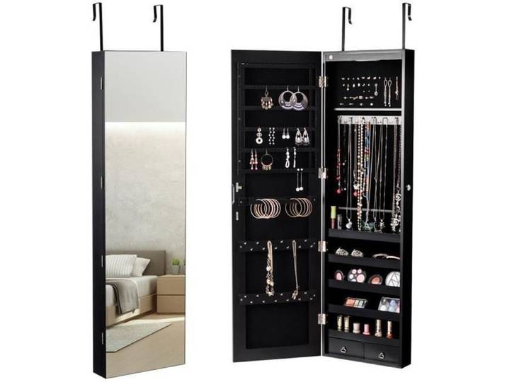 COSTWAY Armoire à Bijoux Mural Armoire Bijoux de Rangement avec Miroir et Lumière LED 120 x 36 x 10 cm Accrochée à la Porte Noir
