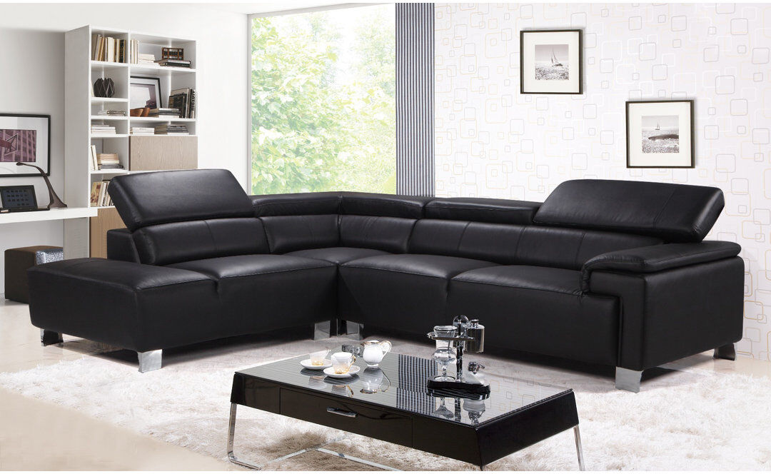 Ebern Designs Kulveer 5 Seater Corner Sofa Black Genuine Leather 93cm H X 265cm W X 211cm D
