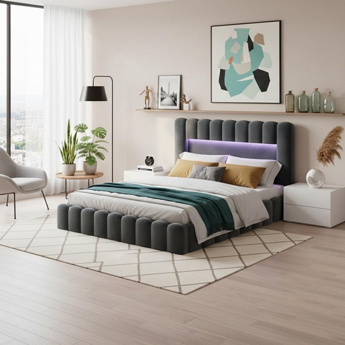 Gestoffeerd Tweepersoons Bed met LED-verlichting onder het bed, 180 x 200 cm
