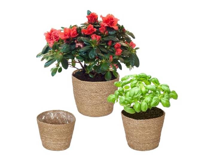 Relaxdays Pot de Fleur en zostère\, Lot de 3\, pour Herbes\, Plantes & Fleurs\, 3 Tailles\, Cache-Pot\, Film Plastique\, Nature