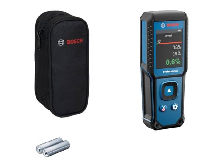 Humidimètre GMM 1-15 Bosch Professional à broches (non invasif\, mesure 37 essences de bois et 10 matériaux de construction\, indice de protection IP65\, 2 piles AA\, housse)