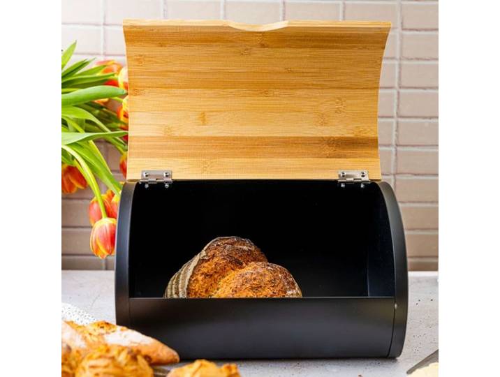 Brotkasten matt-schwarz mit Deckel aus Bambus