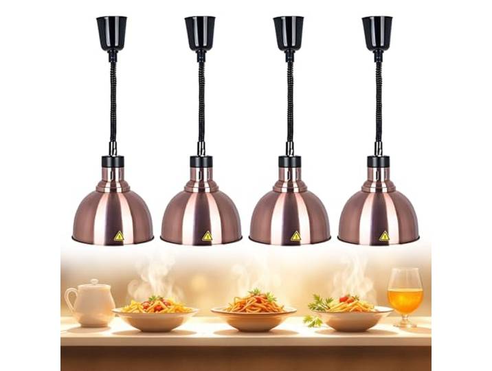 BOVDC Wärmelampe Küche Gastro, 250W Hängende(Kupfer-25cm,4 Stück) Speisenwärmer Lampe 19/25 cm, Einstellbare Höhe Lebensmittel Wärmelampe Küche für Essen Buffets Esszimmer und Hotels
