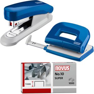 Novus Heftgerät Twinset E15/E210, 020-1831, inkl. Locher, mit integriertem Entklammerer, blau, Heftleistung 15 Blatt