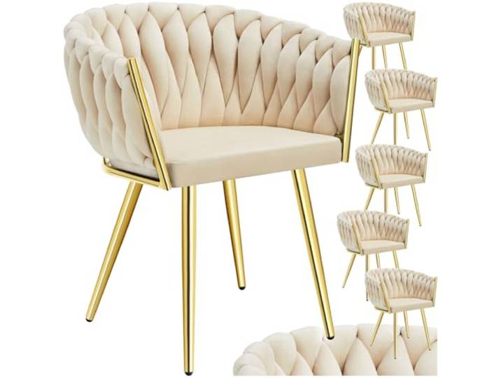 tectake® Samt Stuhl, Schalenstuhl mit Armlehne in Knoten Optik, Esszimmerstühle, Sessel modern für Wohnzimmer, Esszimmer, als Küchenstühle, für Schminktisch, Dining Chair Set - Sand/Gold, 6er Set