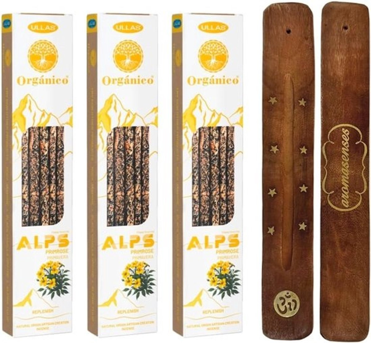 Set van 3 natuurlijke en ecologische Alpen kruiden wierookstokjes met brander, 100% biologisch