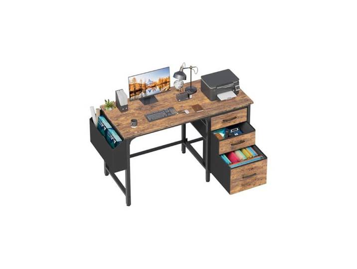 Petit PC Bureau avec Tiroir und Rangement Bag Industriel Bureau 120cm pour Petit Espace PC Gaming Chambre Industriel Marron