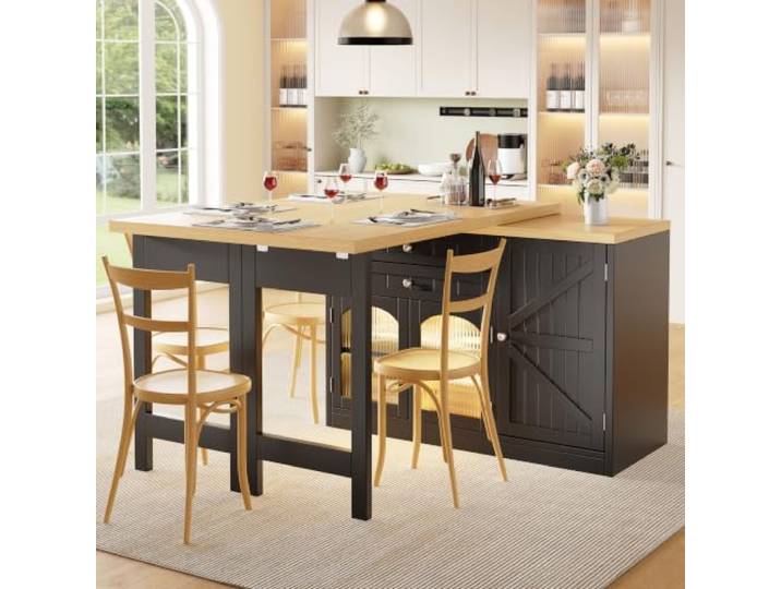 Aunvla Ausziehbarer Kücheninsel-Esstisch 120–194cm, 360° drehbare Tischplatte, mit Glastüren, Schubladen & Tür-Snackregalen, Weiß/Schwarz