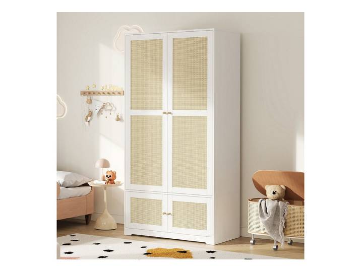 Flieks Kleiderschrank 2-türiger Schrank 90x48x180cm aus Rattan mit Kleiderstange, Regalböden