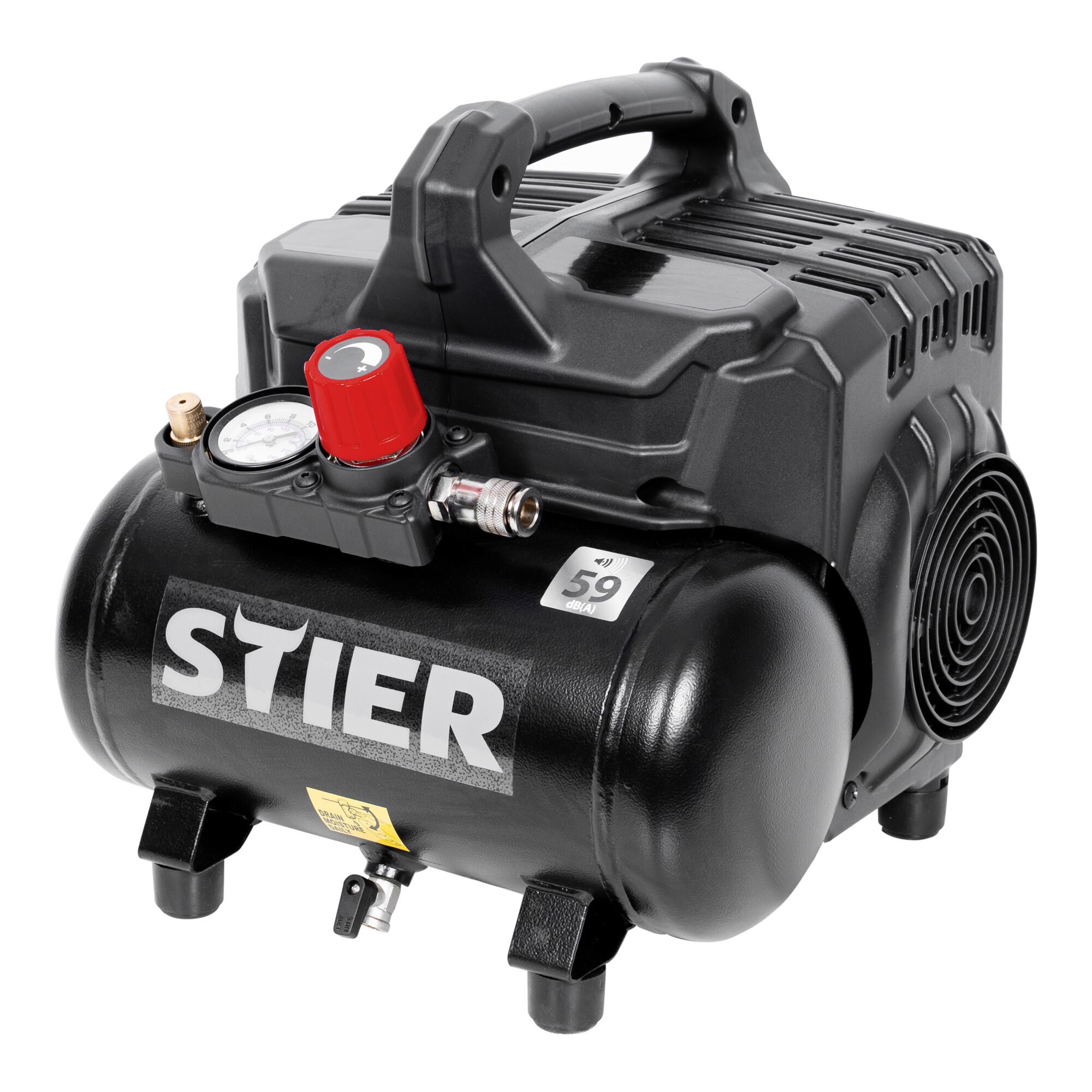 STIER Flüsterkompressor 59 dB(A) , 105 l/min , 8 bar , 6 l , ölfrei (907222)