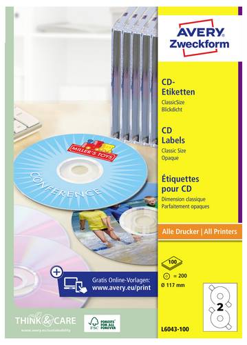 Avery-Zweckform L6043-100 CD-Etiketten Ø 117mm Papier Weiß 200 St. Permanent haftend Tintenstrahldrucker, Laserdrucker