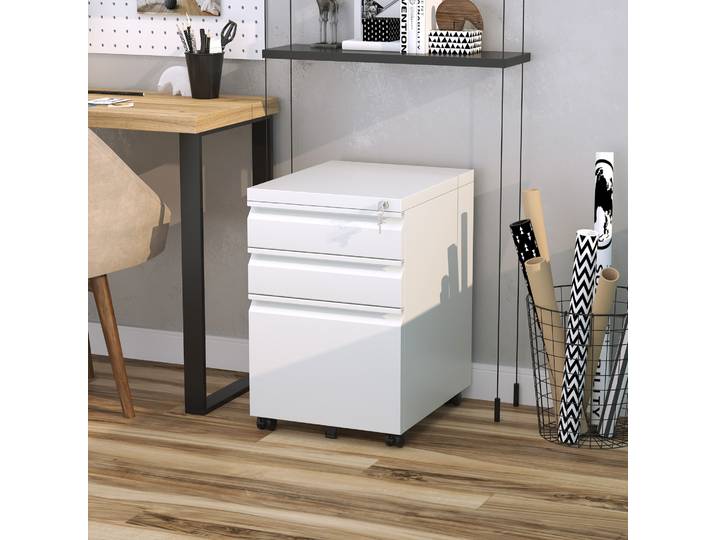 HOMCOM Caisson de bureau mobile rangement bureau sur roulettes 3 tiroirs verrouillables 39 x 48 x 60 cm blanc