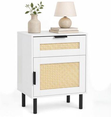 Costway Rattan Nightstand with Drawer and Storage Cabinet for Bedroom Dorm-White