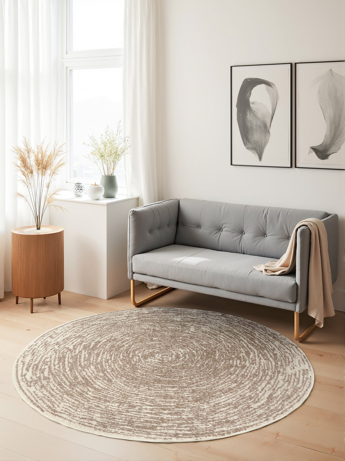 home24 Laagpolig vloerkleed Gloria type A rond beige/crèmekleurig, Ø 160 cm