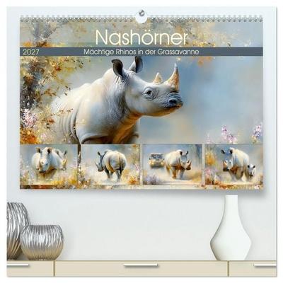 Nashörner. Mächtige Rhinos in der Grassavanne (hochwertiger Premium Wandkalender 2027 DIN A2 quer), Kunstdruck in Hochglanz